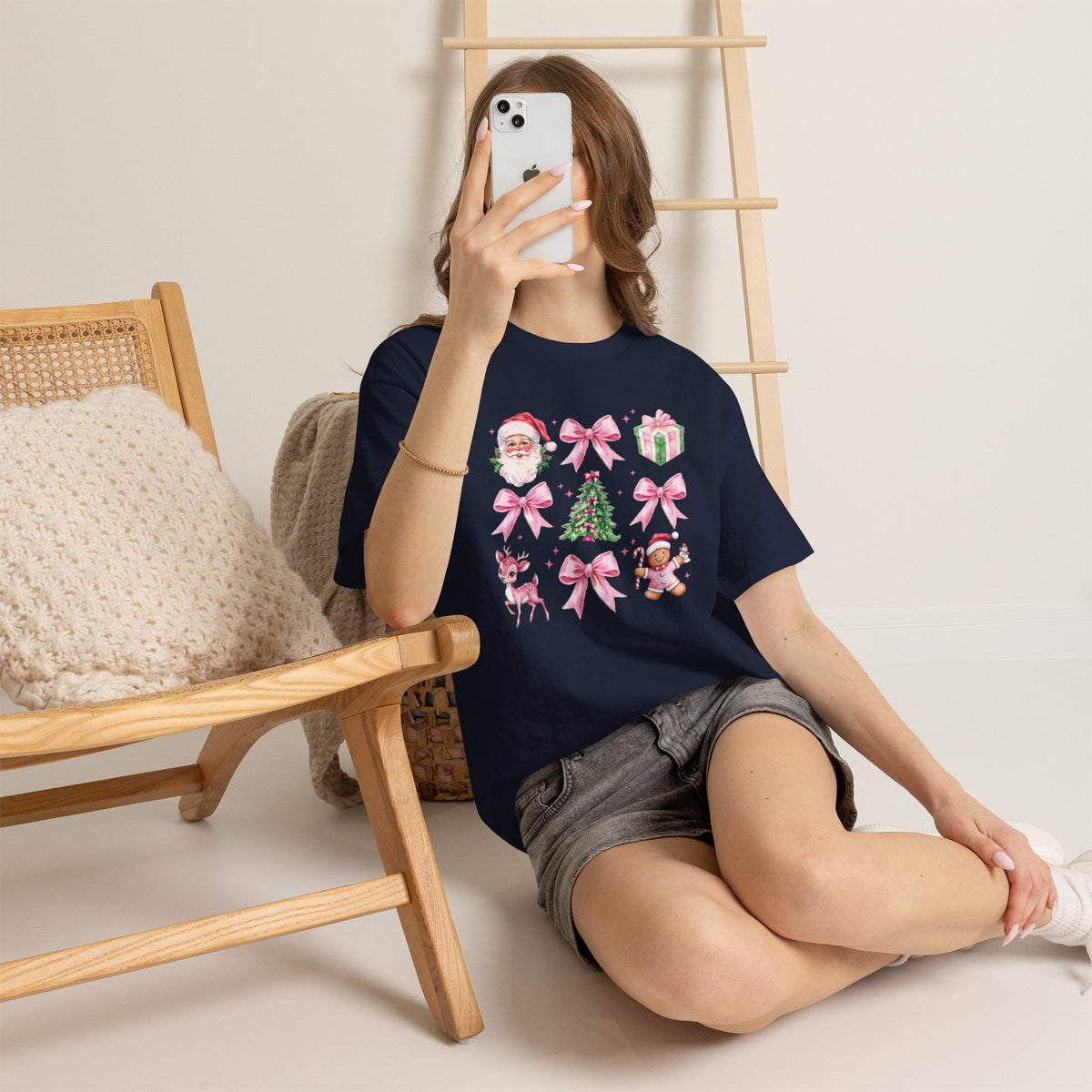 Christmas Pink Icons T-Shirt — Santa, Tree & Gifts Holiday Tee