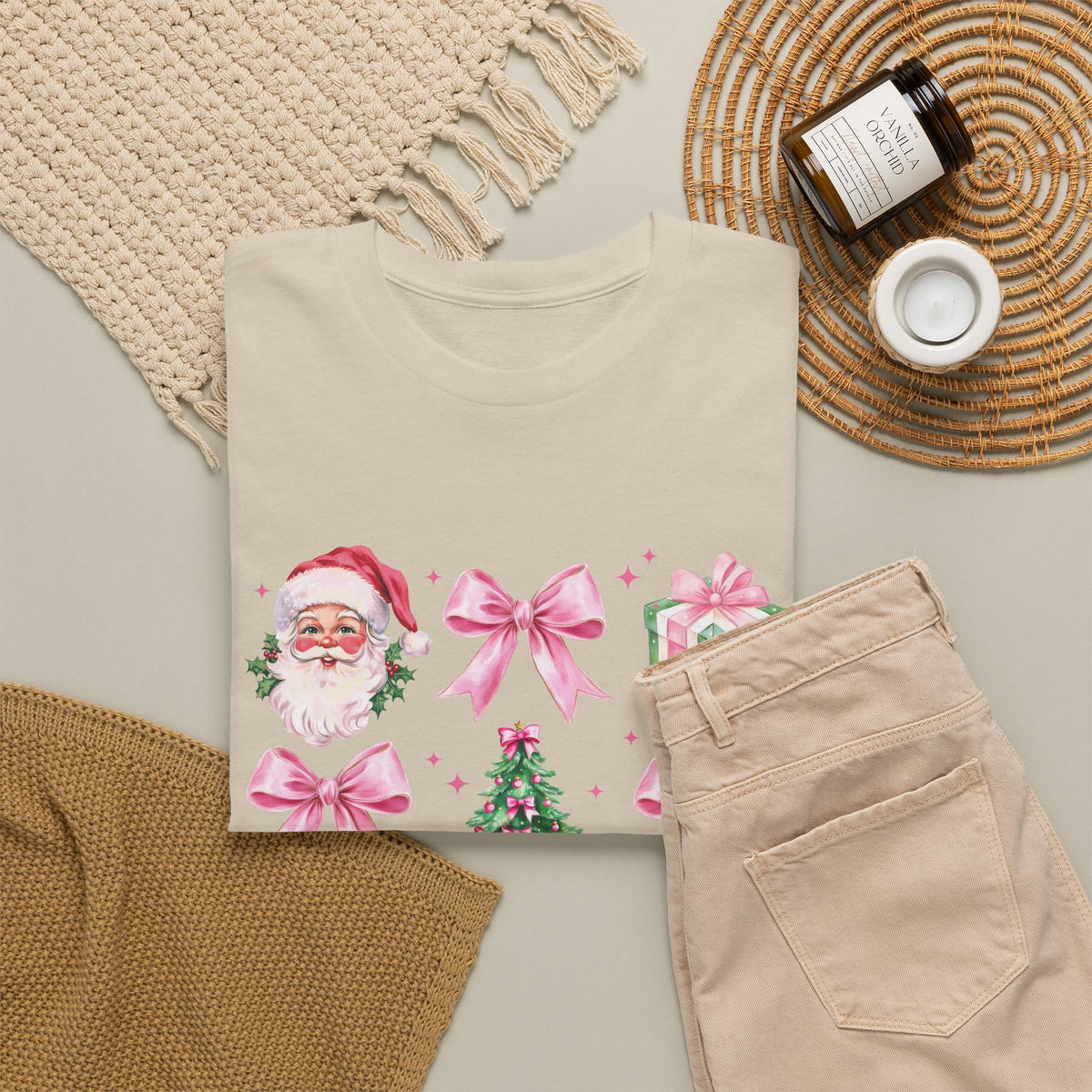 Christmas Pink Icons T-Shirt — Santa, Tree & Gifts Holiday Tee
