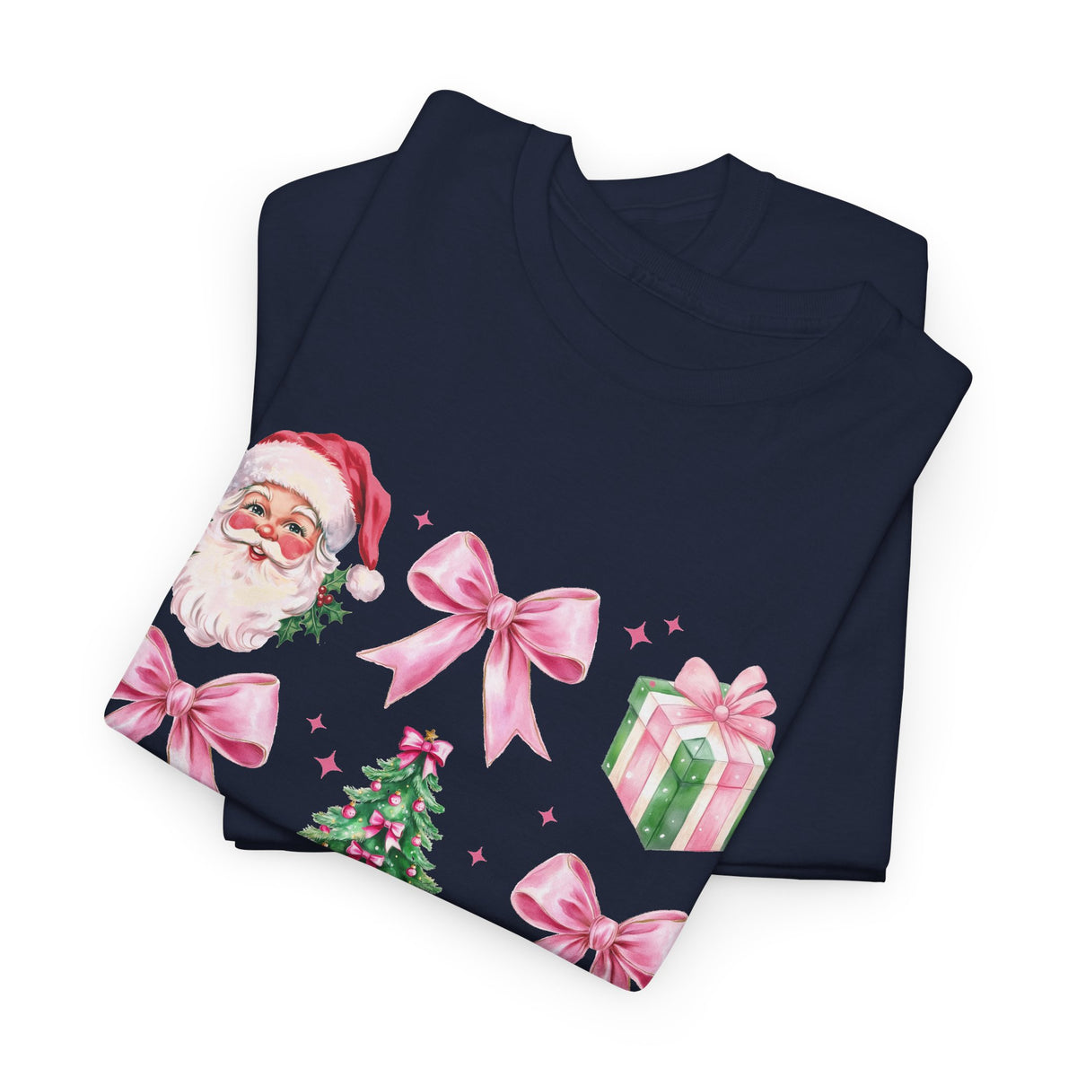 Christmas Pink Icons T-Shirt — Santa, Tree & Gifts Holiday Tee