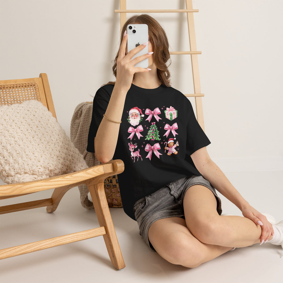 Christmas Pink Icons T-Shirt — Santa, Tree & Gifts Holiday Tee