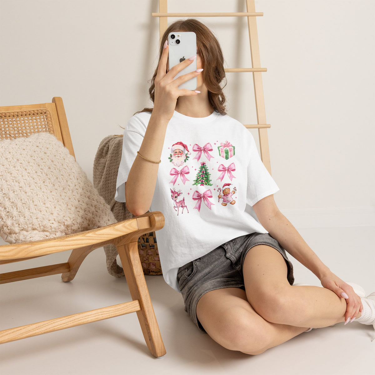Christmas Pink Icons T-Shirt — Santa, Tree & Gifts Holiday Tee