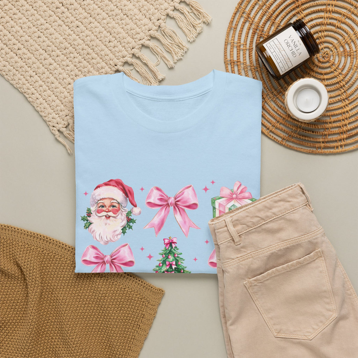 Christmas Pink Icons T-Shirt — Santa, Tree & Gifts Holiday Tee