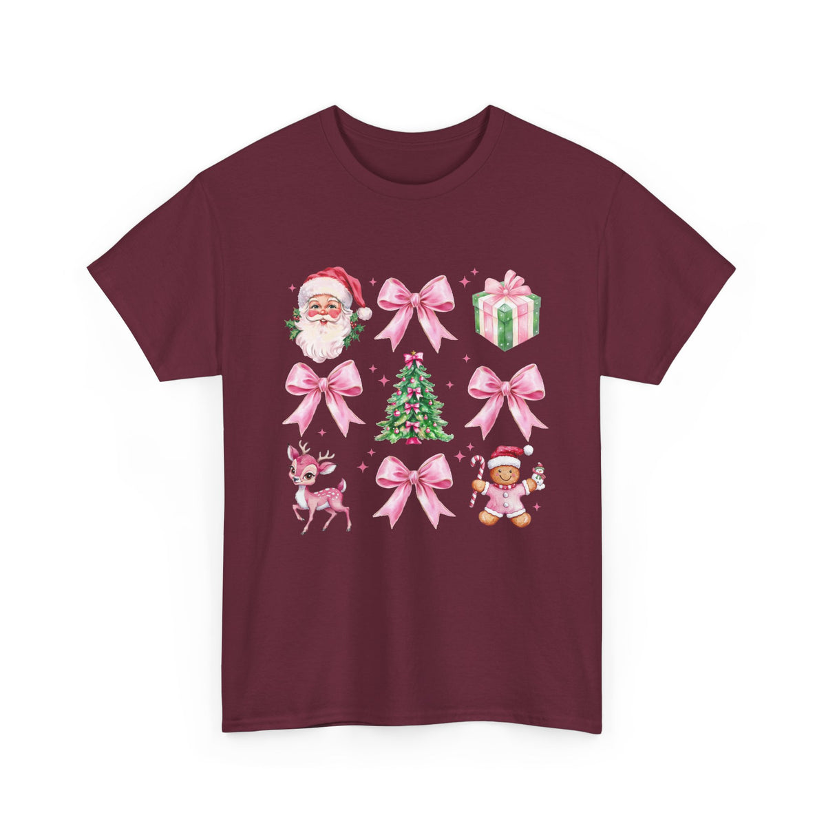 Christmas Pink Icons T-Shirt — Santa, Tree & Gifts Holiday Tee