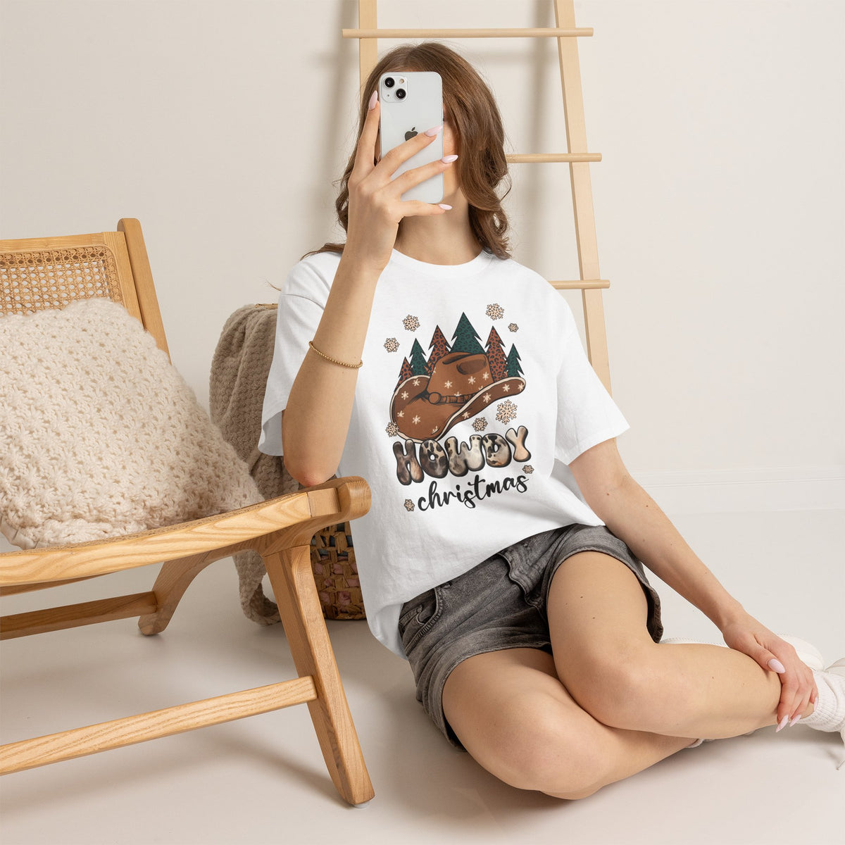 Howdy Christmas T‑Shirt — Cowboy Hat & Pine Trees Holiday Tee