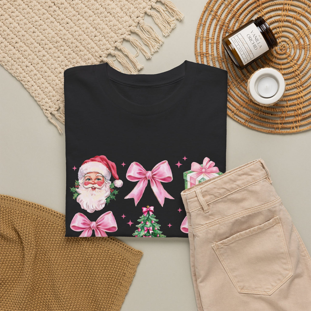 Christmas Pink Icons T-Shirt — Santa, Tree & Gifts Holiday Tee