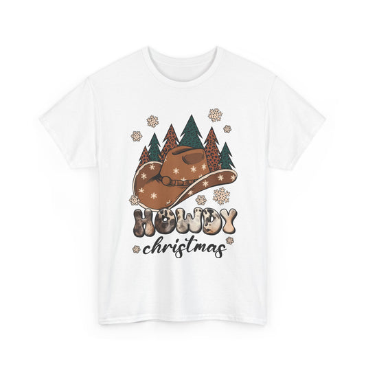 Howdy Christmas T‑Shirt — Cowboy Hat & Pine Trees Holiday Tee
