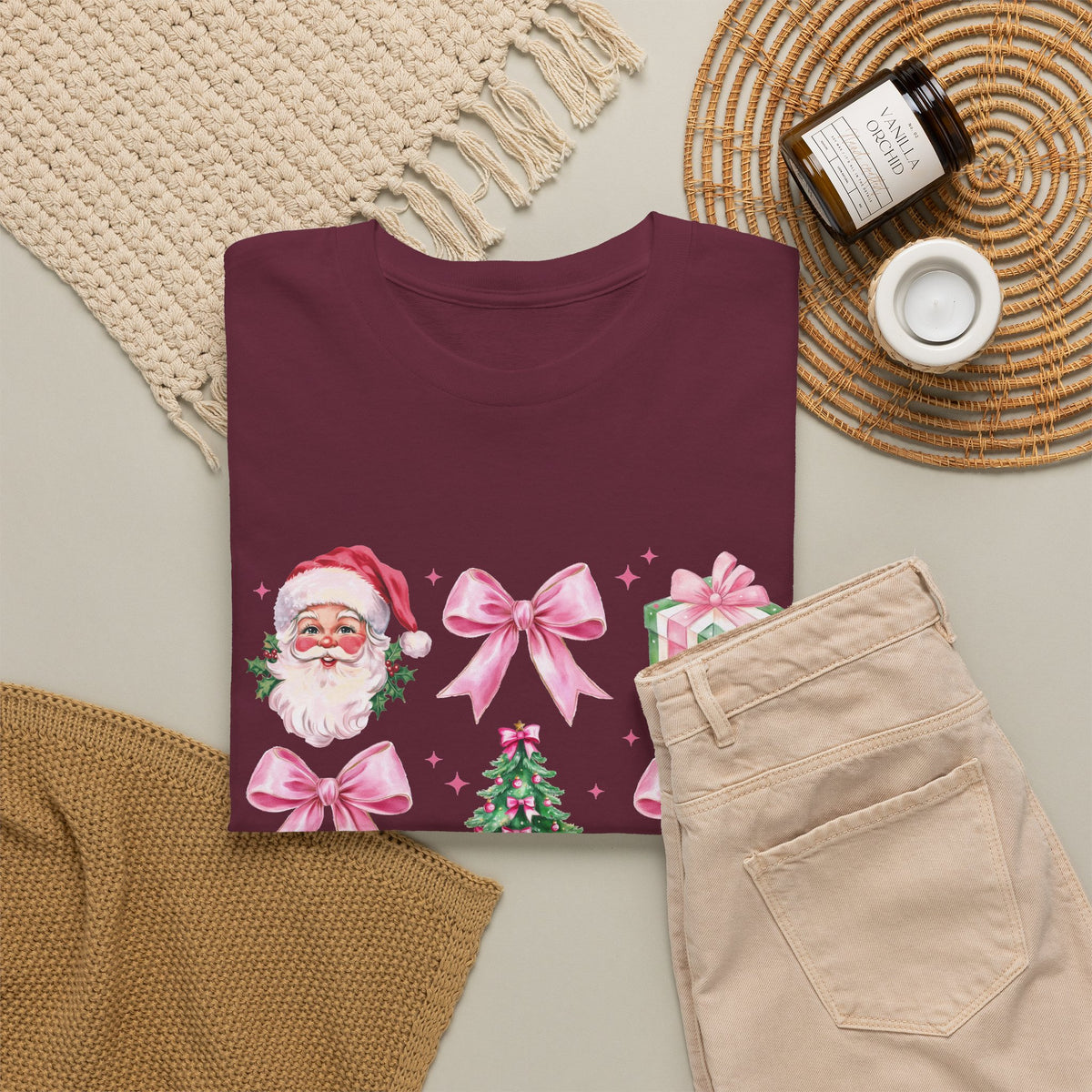 Christmas Pink Icons T-Shirt — Santa, Tree & Gifts Holiday Tee