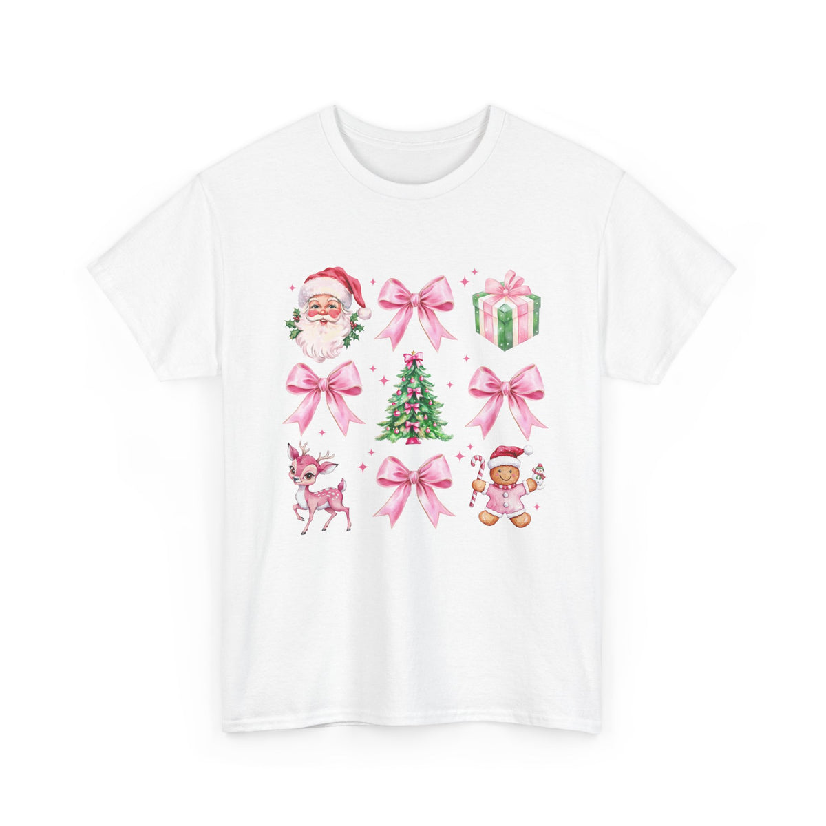 Christmas Pink Icons T-Shirt — Santa, Tree & Gifts Holiday Tee