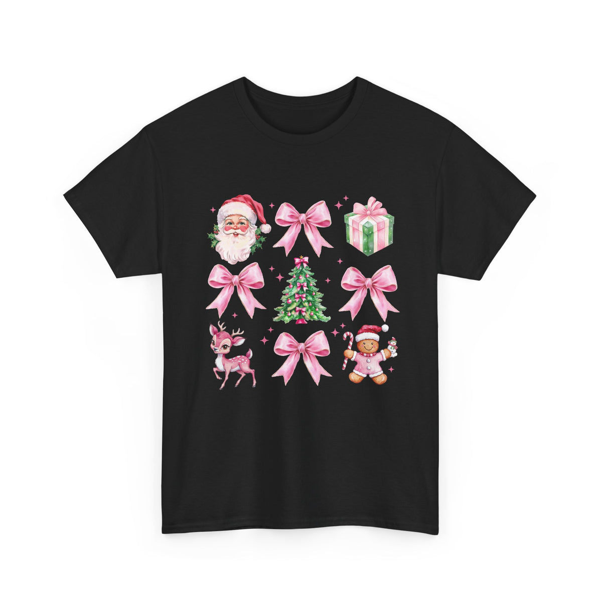 Christmas Pink Icons T-Shirt — Santa, Tree & Gifts Holiday Tee