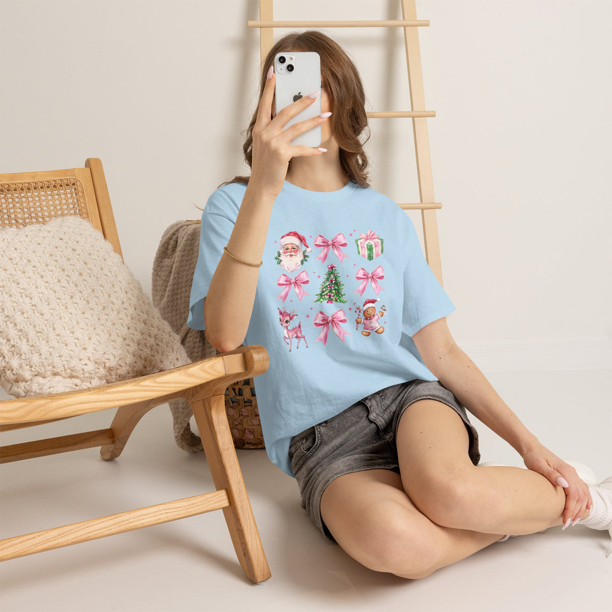 Christmas Pink Icons T-Shirt — Santa, Tree & Gifts Holiday Tee