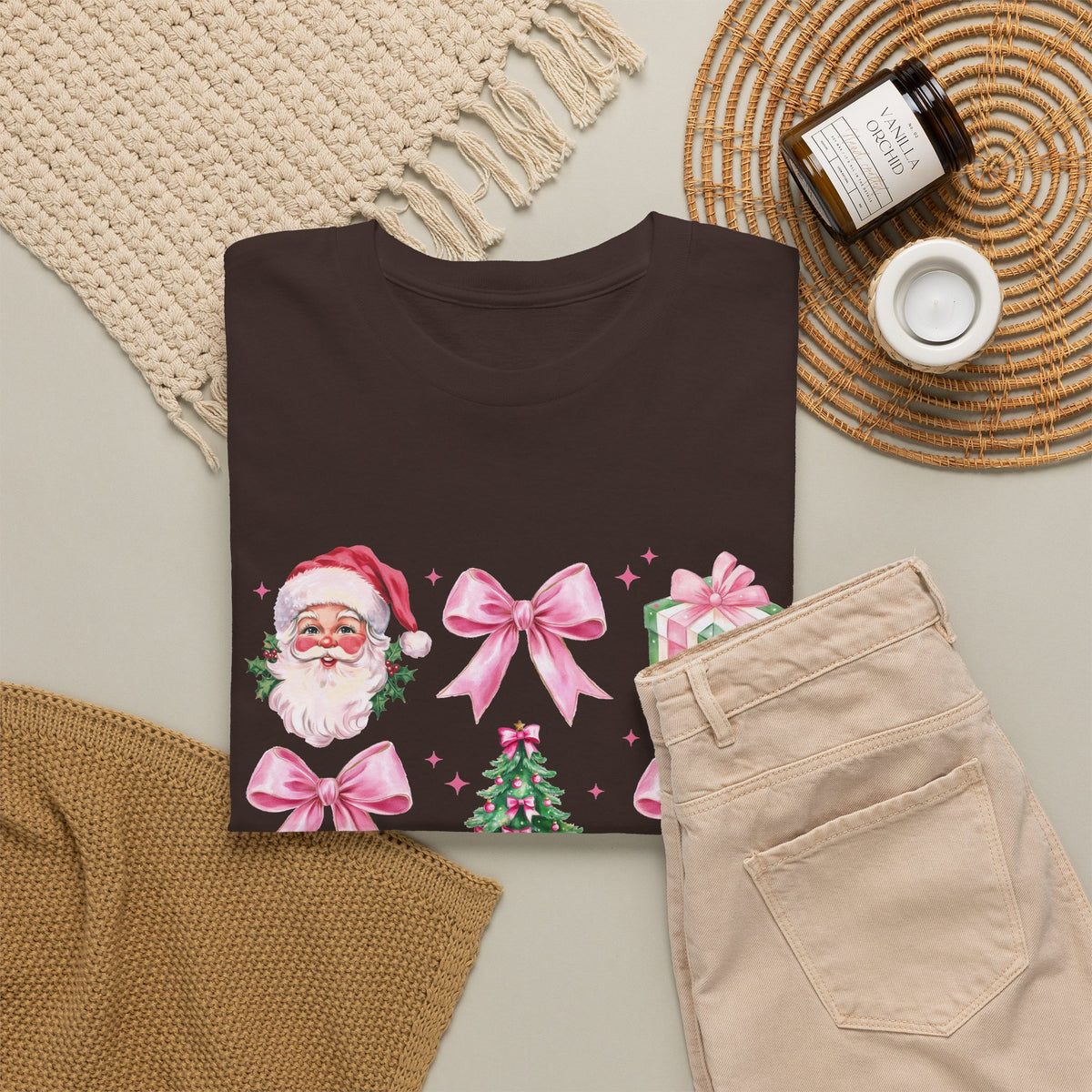 Christmas Pink Icons T-Shirt — Santa, Tree & Gifts Holiday Tee