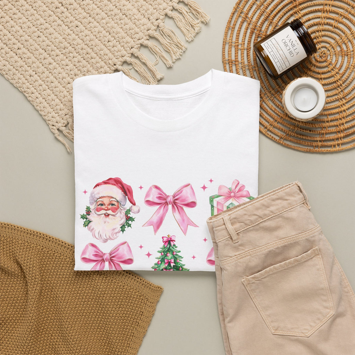 Christmas Pink Icons T-Shirt — Santa, Tree & Gifts Holiday Tee