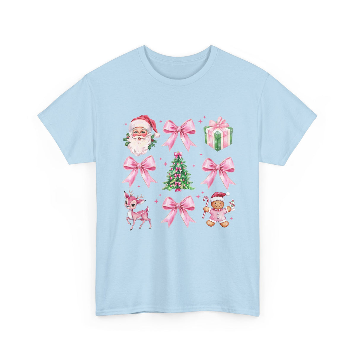 Christmas Pink Icons T-Shirt — Santa, Tree & Gifts Holiday Tee