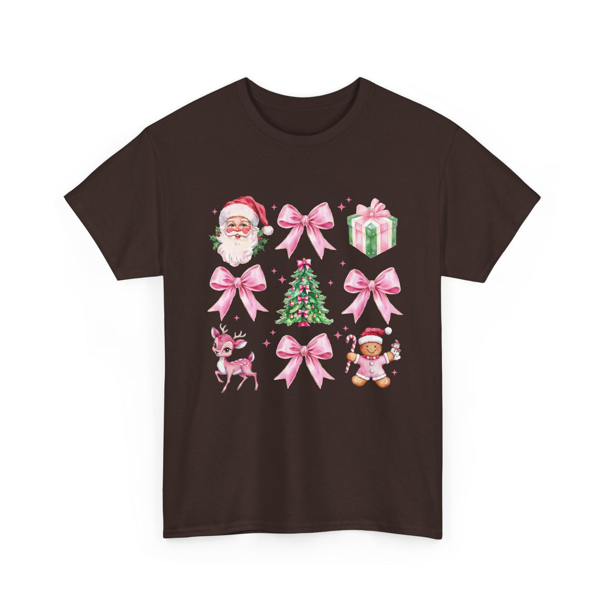 Christmas Pink Icons T-Shirt — Santa, Tree & Gifts Holiday Tee
