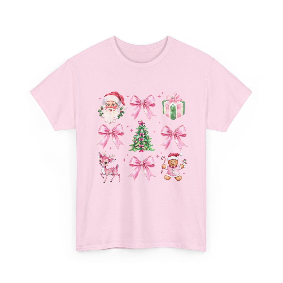 Christmas Pink Icons T-Shirt — Santa, Tree & Gifts Holiday Tee