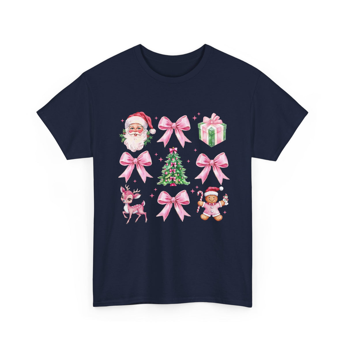 Christmas Pink Icons T-Shirt — Santa, Tree & Gifts Holiday Tee