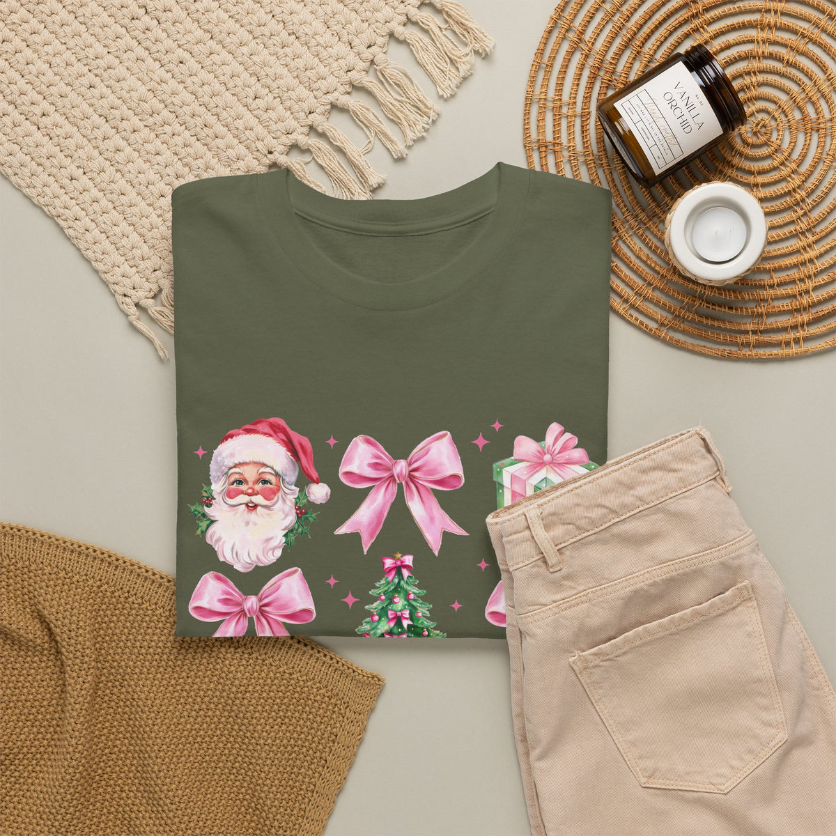 Christmas Pink Icons T-Shirt — Santa, Tree & Gifts Holiday Tee