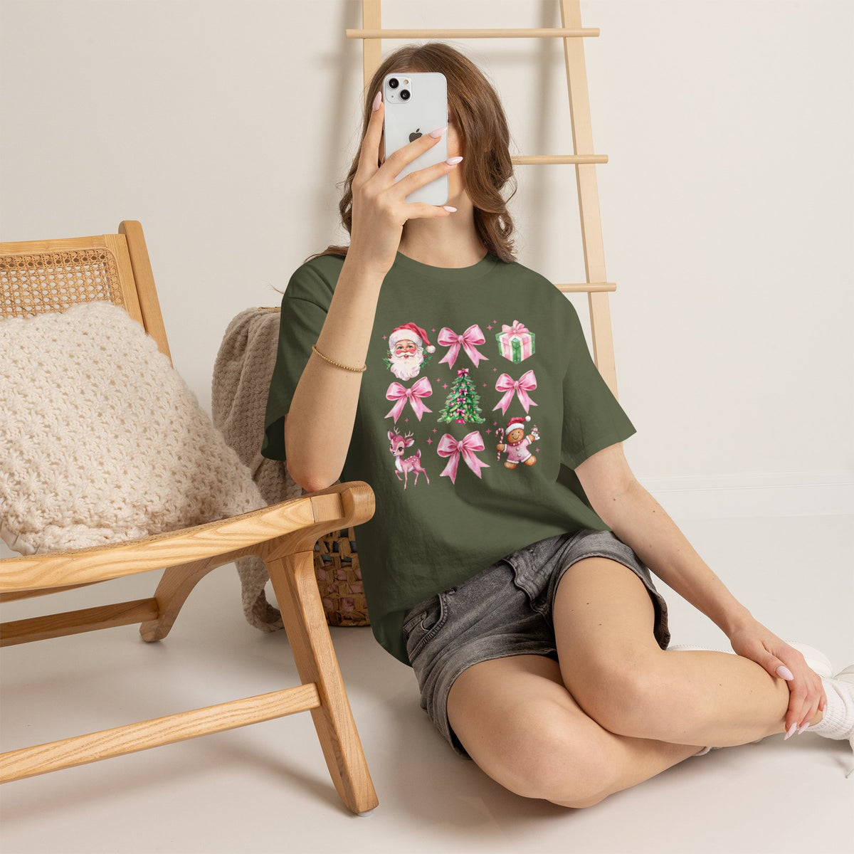 Christmas Pink Icons T-Shirt — Santa, Tree & Gifts Holiday Tee