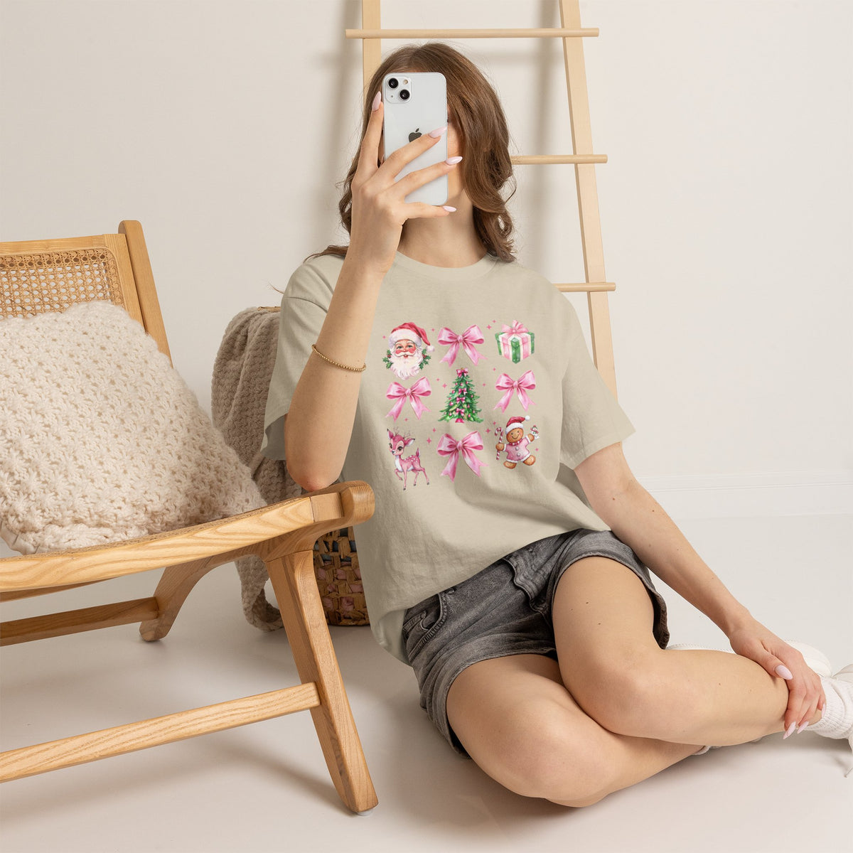 Christmas Pink Icons T-Shirt — Santa, Tree & Gifts Holiday Tee