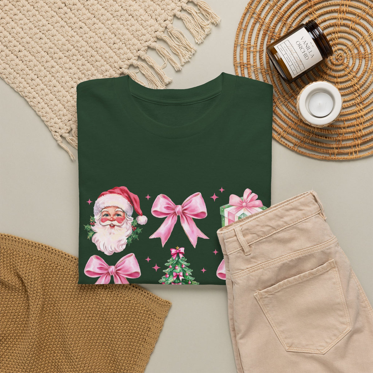 Christmas Pink Icons T-Shirt — Santa, Tree & Gifts Holiday Tee