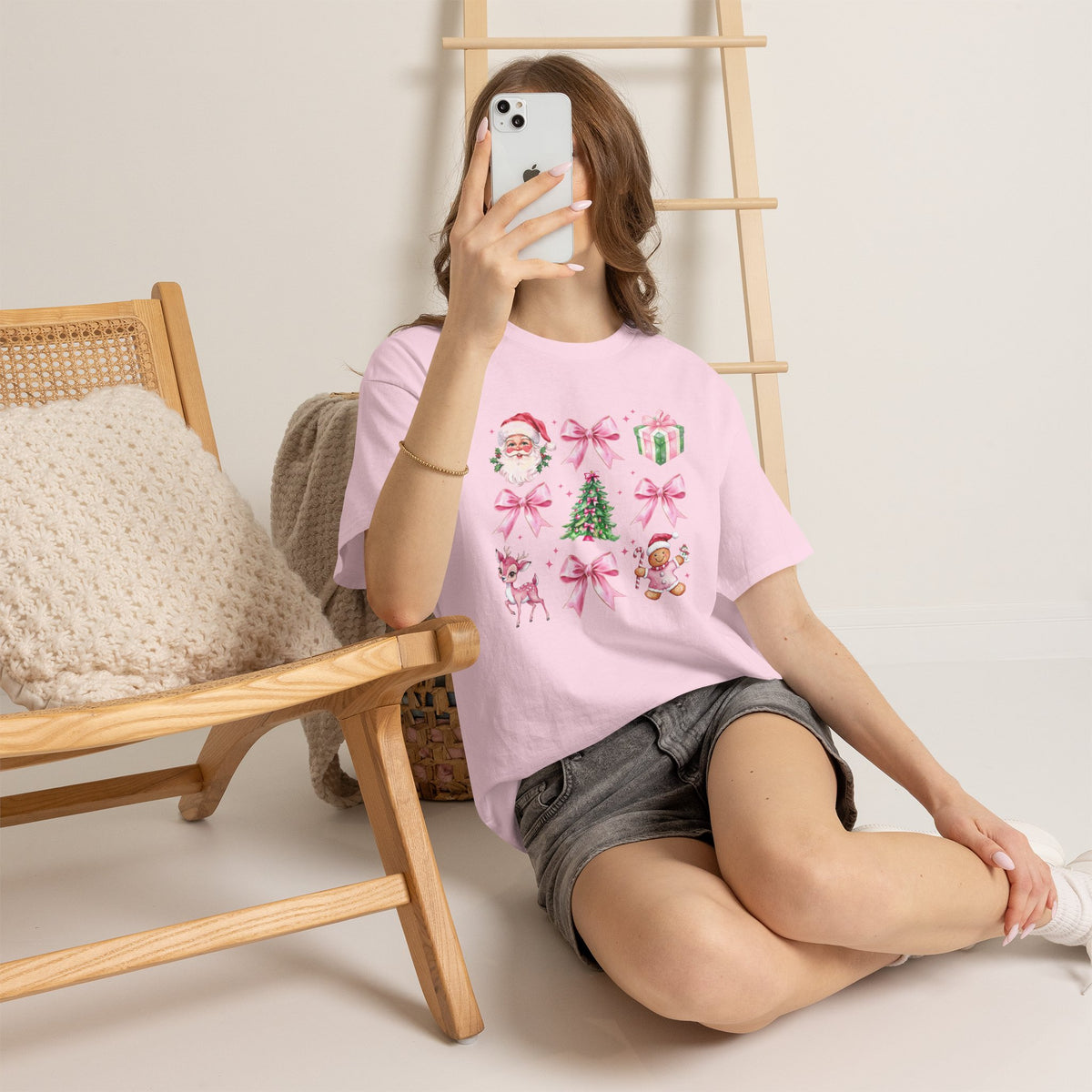 Christmas Pink Icons T-Shirt — Santa, Tree & Gifts Holiday Tee