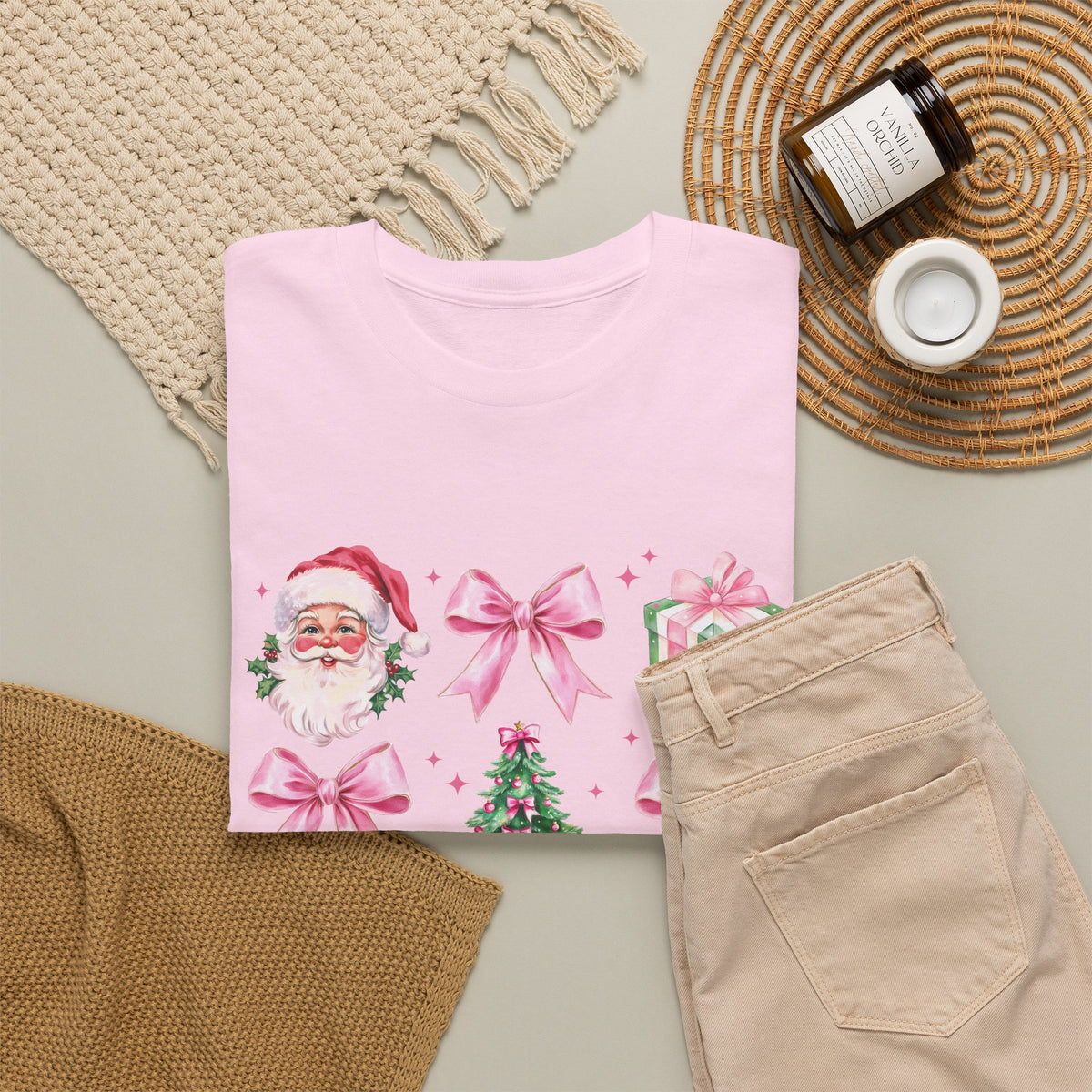Christmas Pink Icons T-Shirt — Santa, Tree & Gifts Holiday Tee