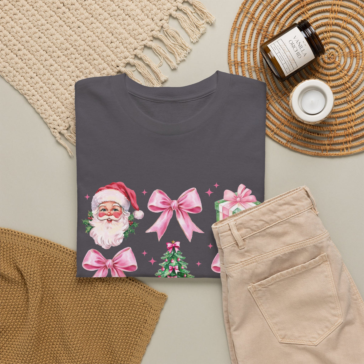 Christmas Pink Icons T-Shirt — Santa, Tree & Gifts Holiday Tee