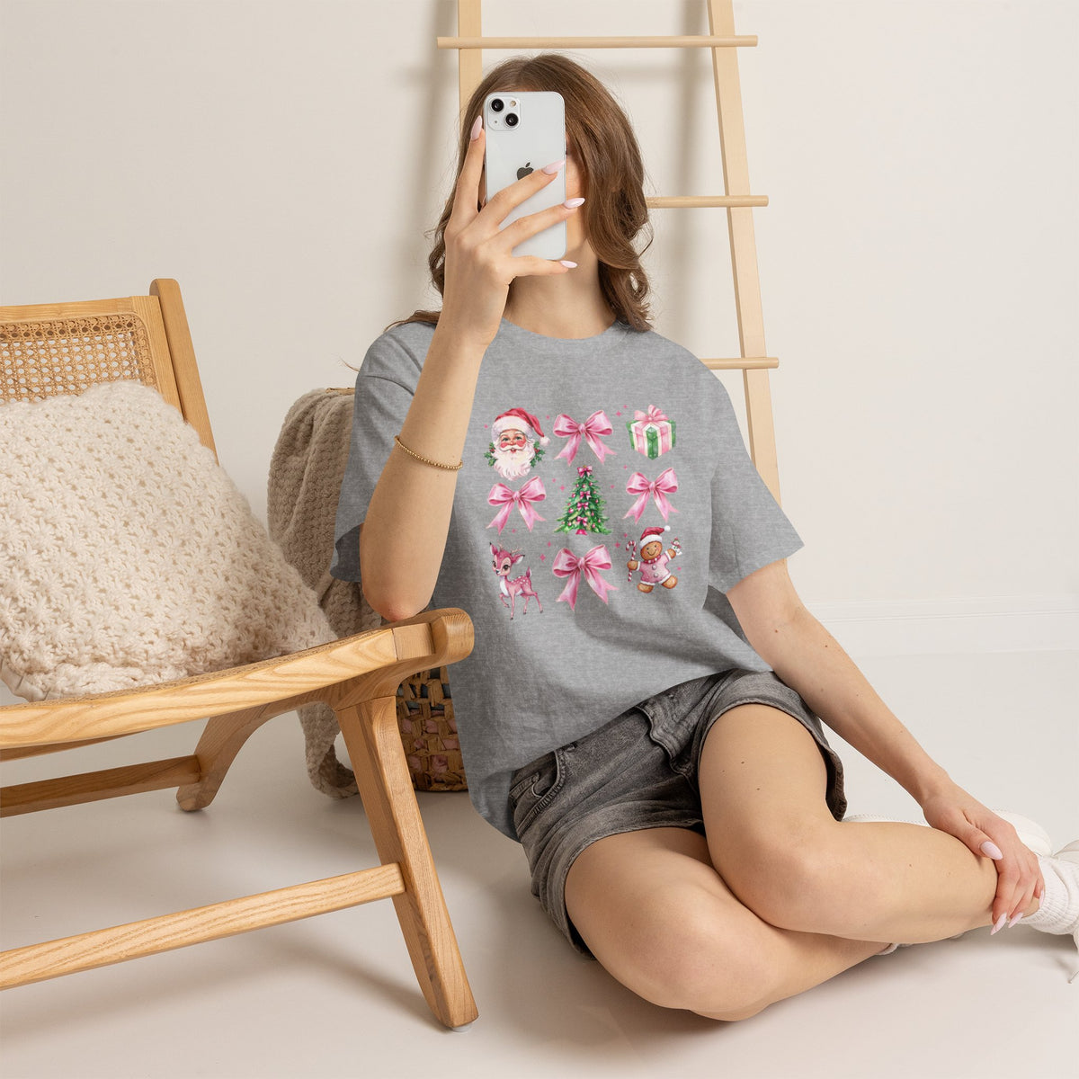 Christmas Pink Icons T-Shirt — Santa, Tree & Gifts Holiday Tee
