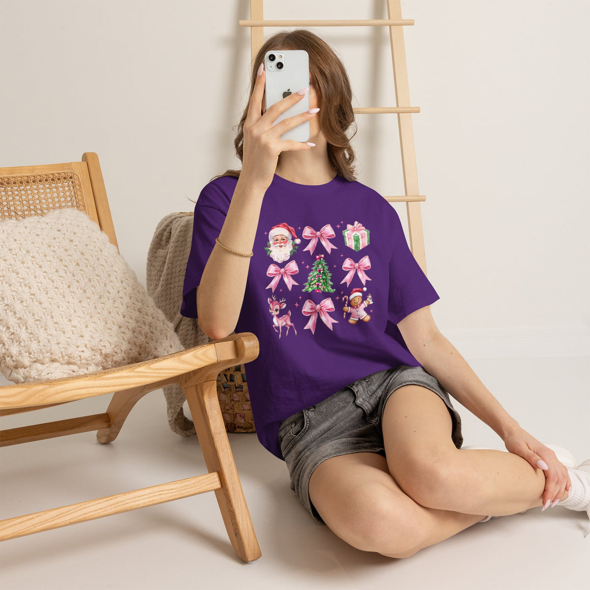 Christmas Pink Icons T-Shirt — Santa, Tree & Gifts Holiday Tee
