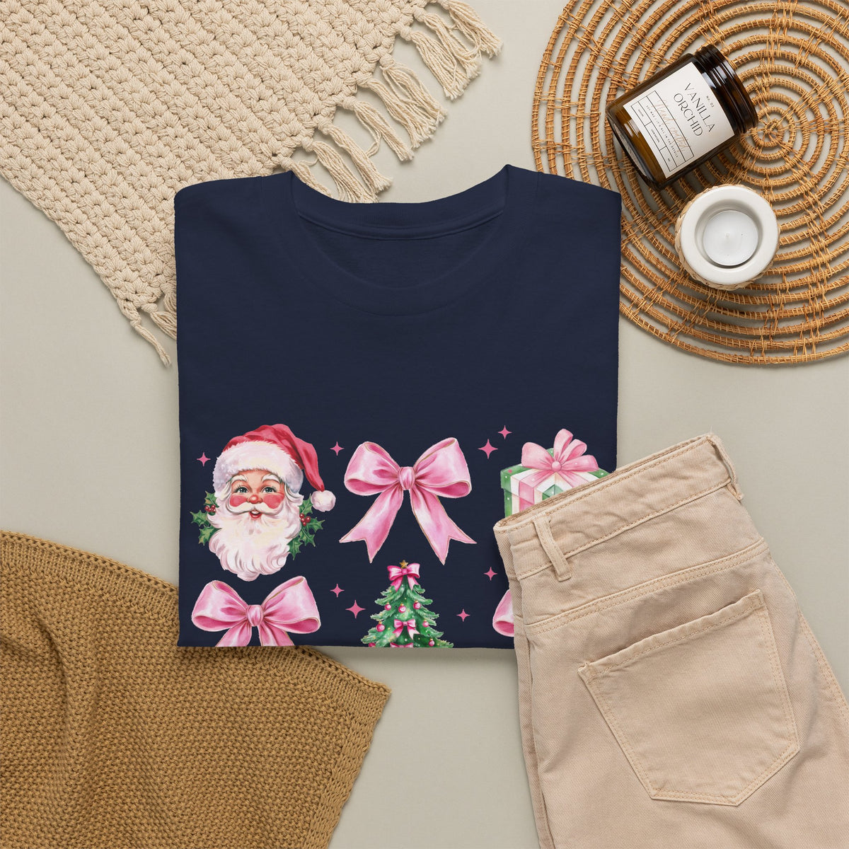 Christmas Pink Icons T-Shirt — Santa, Tree & Gifts Holiday Tee