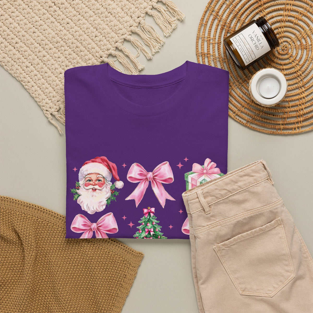 Christmas Pink Icons T-Shirt — Santa, Tree & Gifts Holiday Tee