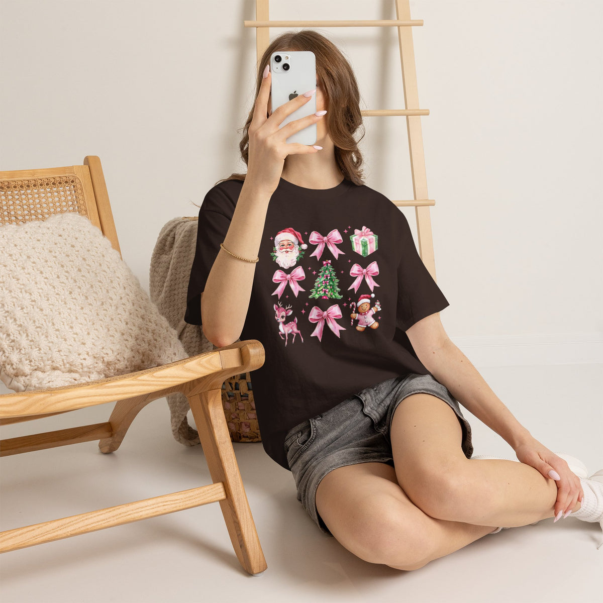 Christmas Pink Icons T-Shirt — Santa, Tree & Gifts Holiday Tee