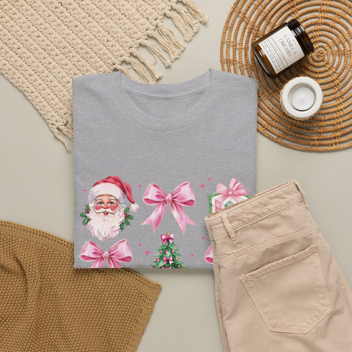 Christmas Pink Icons T-Shirt — Santa, Tree & Gifts Holiday Tee