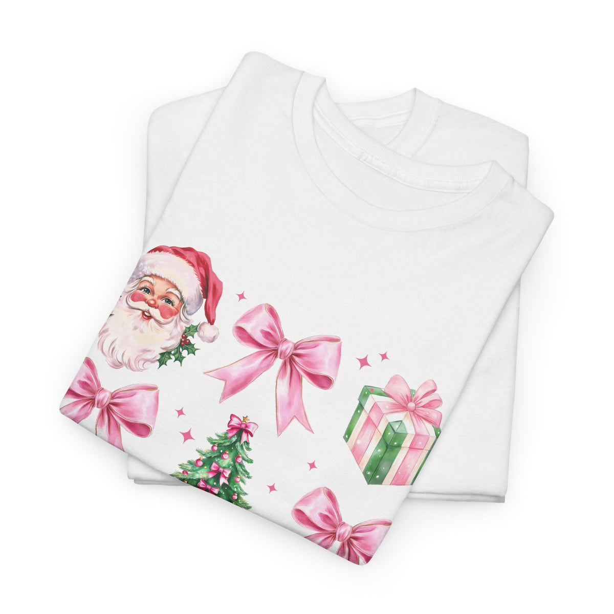 Christmas Pink Icons T-Shirt — Santa, Tree & Gifts Holiday Tee