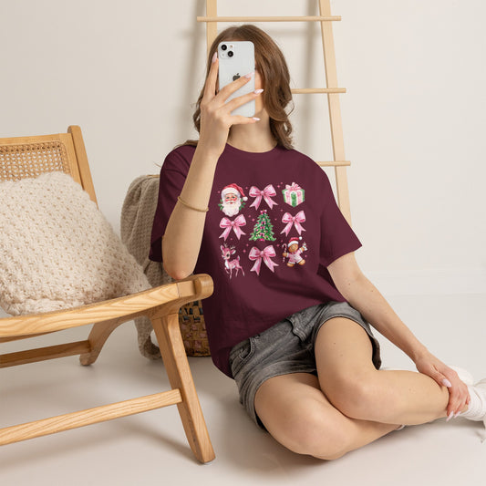 Christmas Pink Icons T-Shirt — Santa, Tree & Gifts Holiday Tee