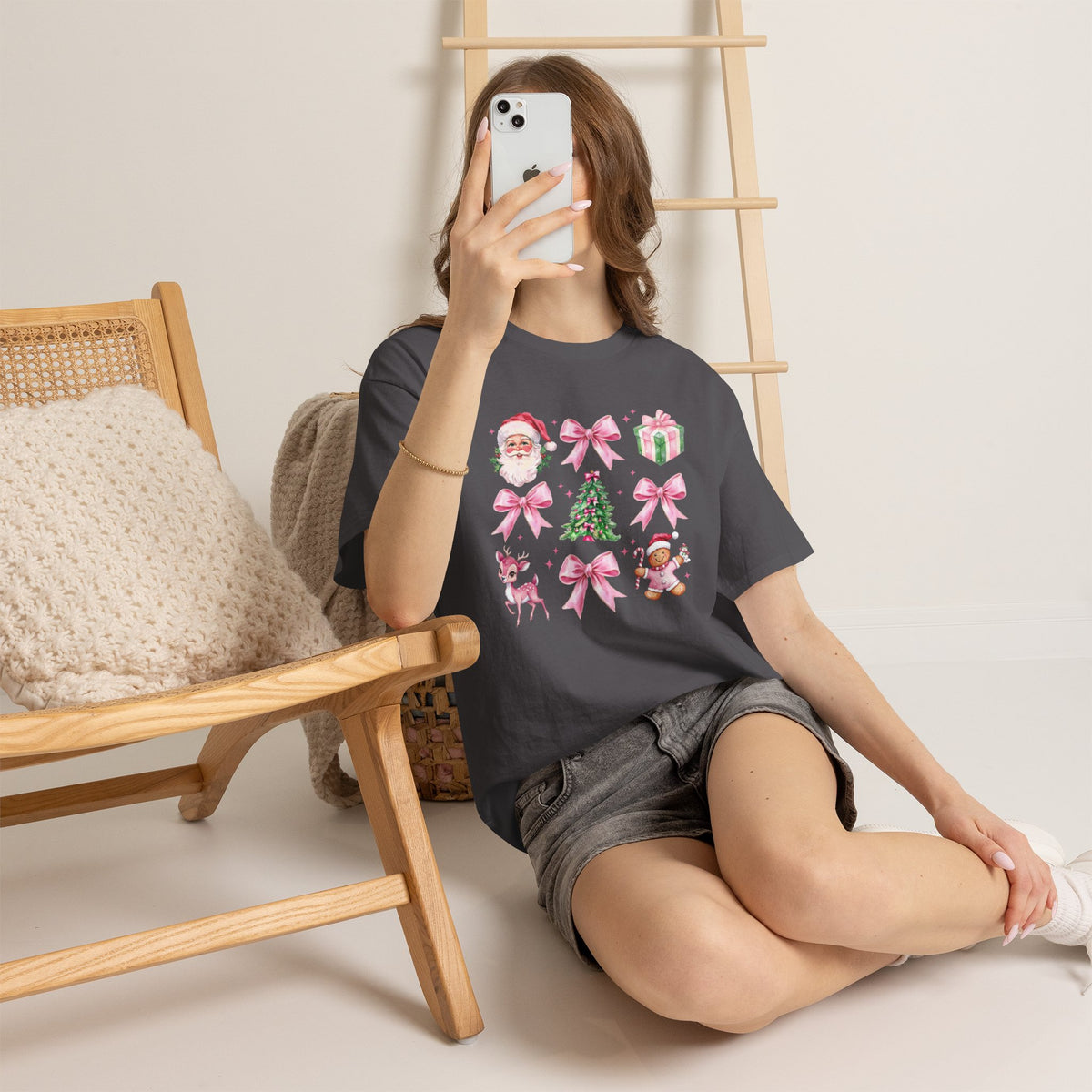 Christmas Pink Icons T-Shirt — Santa, Tree & Gifts Holiday Tee