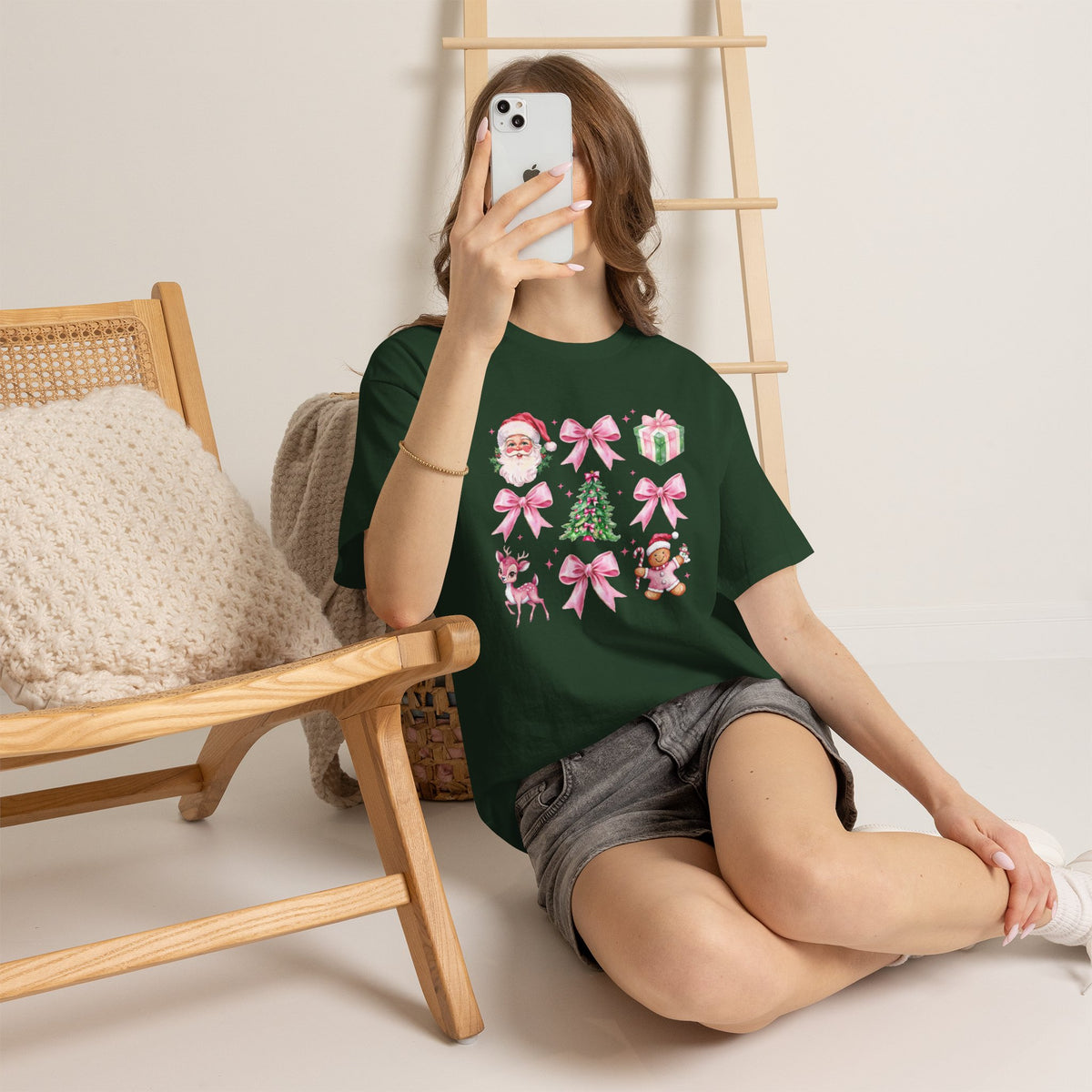 Christmas Pink Icons T-Shirt — Santa, Tree & Gifts Holiday Tee
